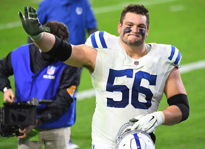 Indianapolis Colts offensive left guard Quenton Nelson waves after a road win at Tennessee in 2020.